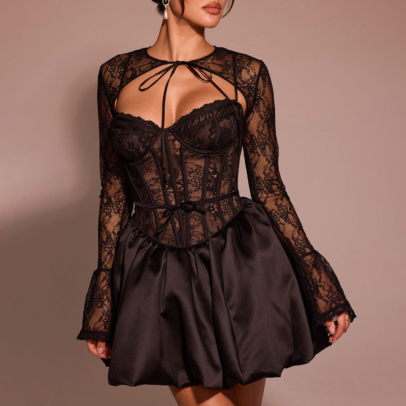 Romantic Lace Long Sleeve Shrug Sweetheart Neck Corset Slip Mini Dress