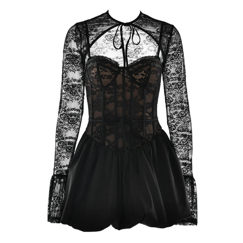 Romantic Lace Long Sleeve Shrug Sweetheart Neck Corset Slip Mini Dress