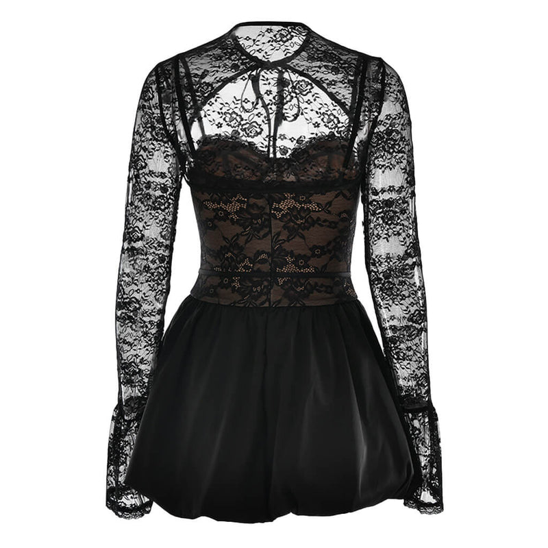 Romantic Lace Long Sleeve Shrug Sweetheart Neck Corset Slip Mini Dress