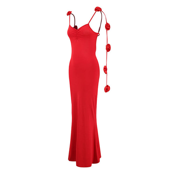 Romantic Rosette Corsage Backless Fishtail Jersey Maxi Slip Evening Dress