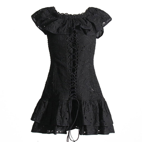 Romantic Ruffled Off the Shoulder Smocked Lace Up Broderie Anglaise Mini Tiered Dress