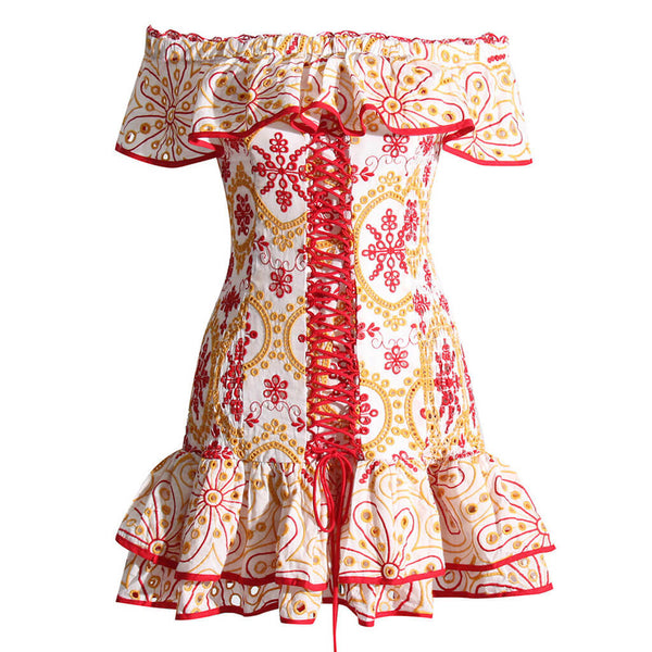 Romantic Ruffled Off the Shoulder Smocked Lace Up Broderie Anglaise Mini Tiered Dress