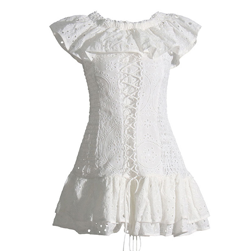 Romantic Ruffled Off the Shoulder Smocked Lace Up Broderie Anglaise Mini Tiered Dress