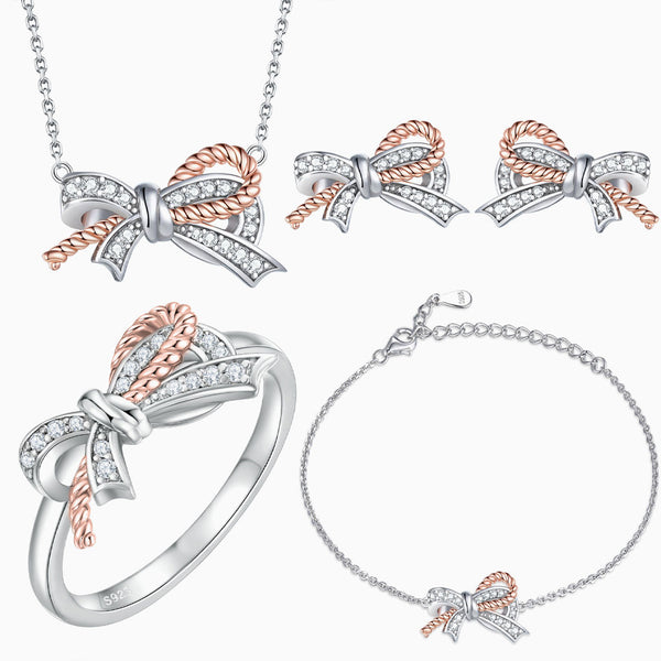 Rose Gold Plated Pavé Cubic Zirconia Twist Rope Bow Sterling Silver Jewelry Set