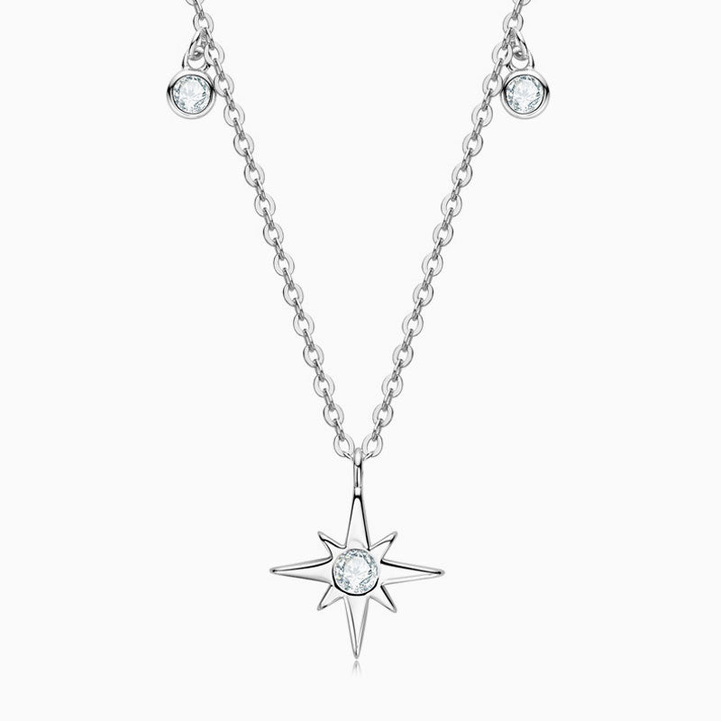 Round Rolo Chain Sterling Silver Moissanite Starburst Pendant Necklace