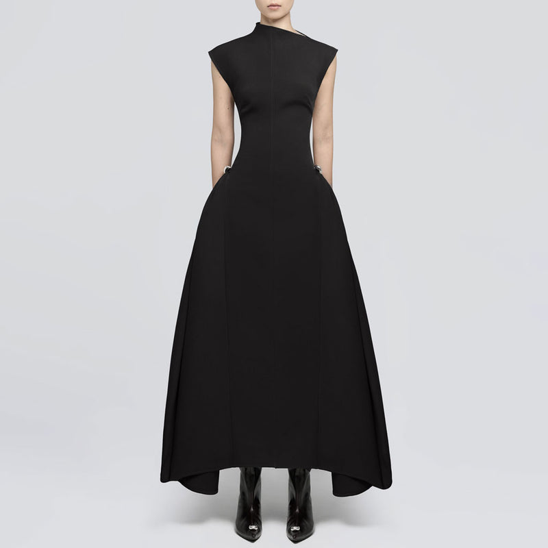 Sculptural High Neck Cap Sleeve Metallic Trim Gathered Evening Maxi Dress