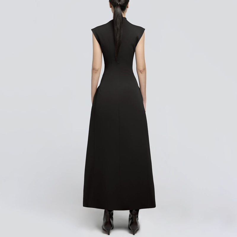 Sculptural High Neck Cap Sleeve Metallic Trim Gathered Evening Maxi Dress