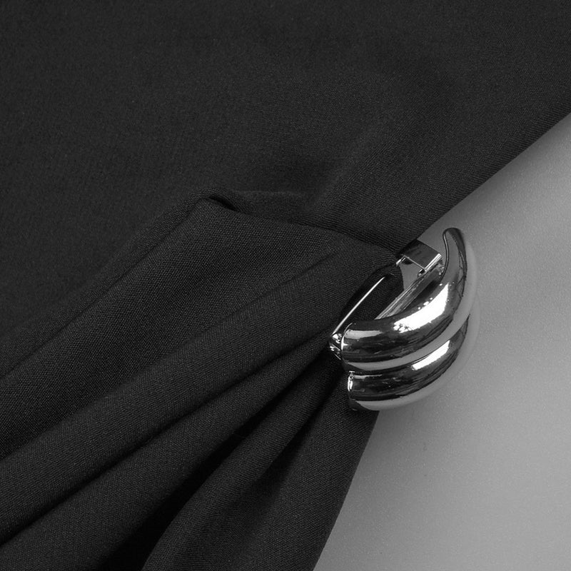 Sculptural High Neck Cap Sleeve Metallic Trim Gathered Evening Maxi Dress