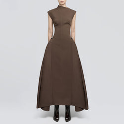 Sculptural High Neck Cap Sleeve Metallic Trim Gathered Evening Maxi Dress