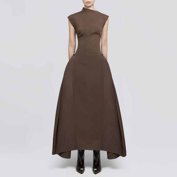 Sculptural High Neck Cap Sleeve Metallic Trim Gathered Evening Maxi Dress