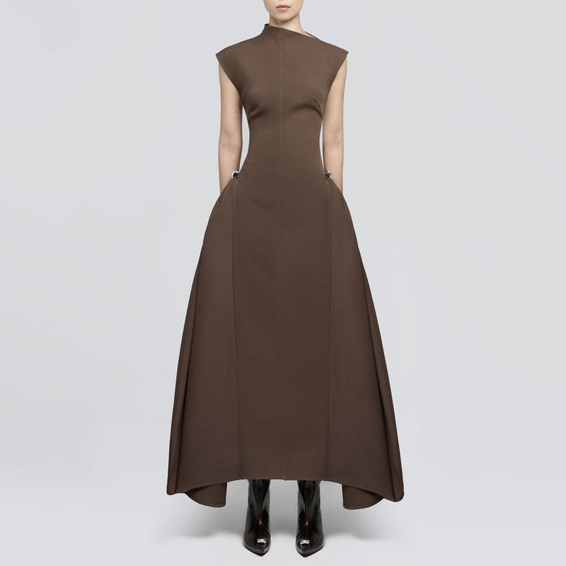 Sculptural High Neck Cap Sleeve Metallic Trim Gathered Evening Maxi Dress