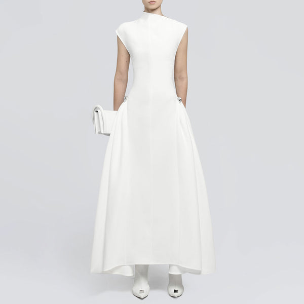 Sculptural High Neck Cap Sleeve Metallic Trim Gathered Evening Maxi Dress