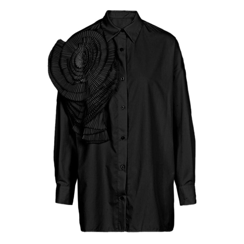 Sculptural Pleated Petal Pointed Collar Long Sleeve Button Down Oversized Shirt