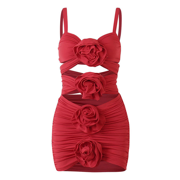 Sexy 3D Rosette Applique Wrap Crop Bodycon Ruched Skirt Matching Set