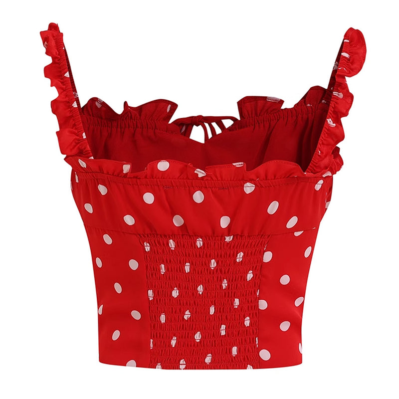 Sexy Bow Tie Ruffled Sweetheart Neck Shirred Polka Dot Print Crop Tank Top