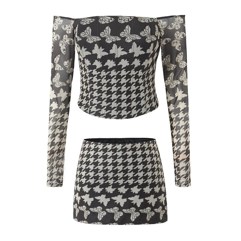 Sexy Butterfly Houndstooth Print Low Waist Bodycon Mini Mesh Skirt