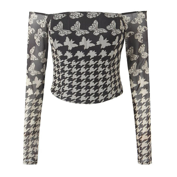 Sexy Butterfly Houndstooth Print Off Shoulder Long Sleeve Mesh Crop Top