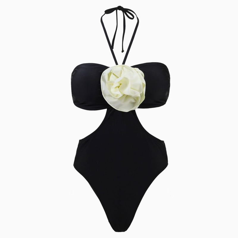 Sexy Contrast Rosette Bandeau Halter Cutout Monokini One Piece Swimsuit