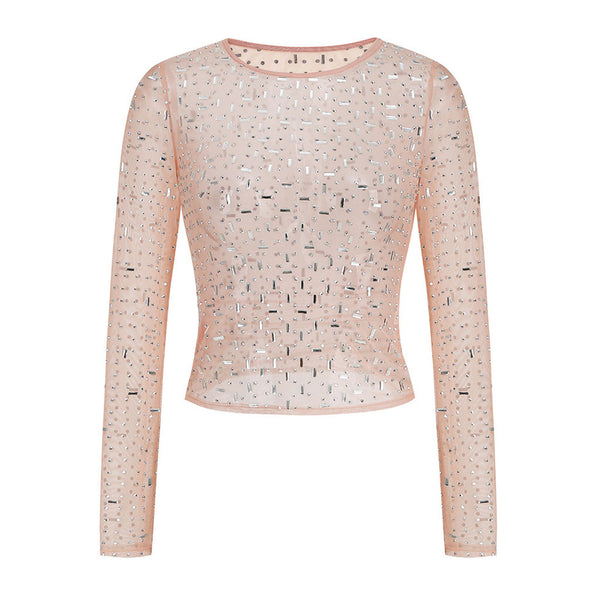 Sexy Crew Neck Long Sleeve Rhinestone Embellished Sheer Mesh Crop Top