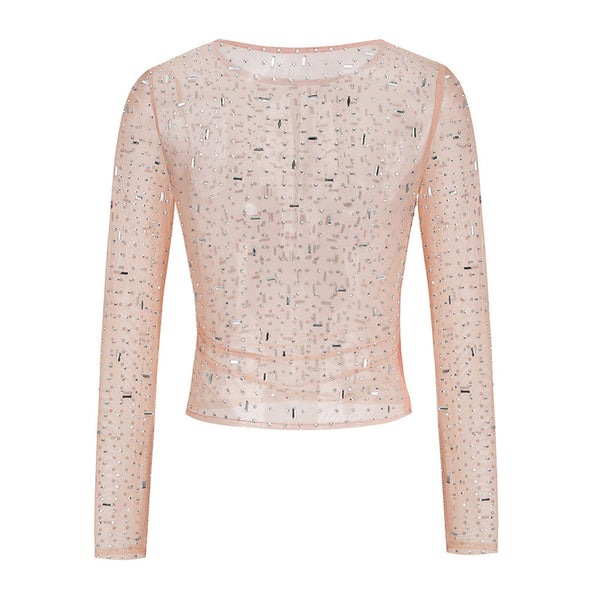 Sexy Crew Neck Long Sleeve Rhinestone Embellished Sheer Mesh Crop Top