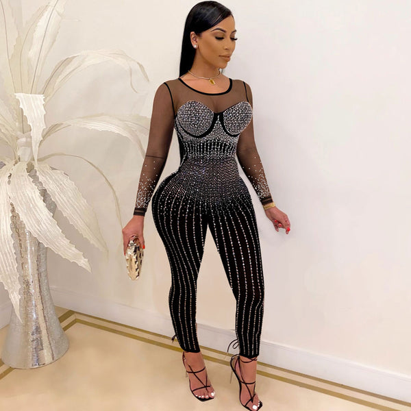 Sexy Crew Neck Long Sleeve Sheer Mesh Panel Bodycon Glitter Crystal Jumpsuit