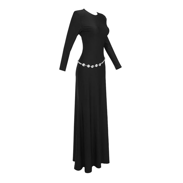 Sexy Crystal Chain Backless Shoulder Pad Long Sleeve Fishtail Maxi Evening Dress