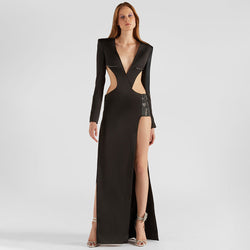 Sexy Crystal Detail Deep V Cutout Long Sleeve Bandage Split Maxi Evening Dress