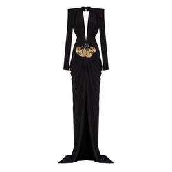 Sexy Deep V Sequin Floral Cutout Draped Ruched Long Train Slit Maxi Dress