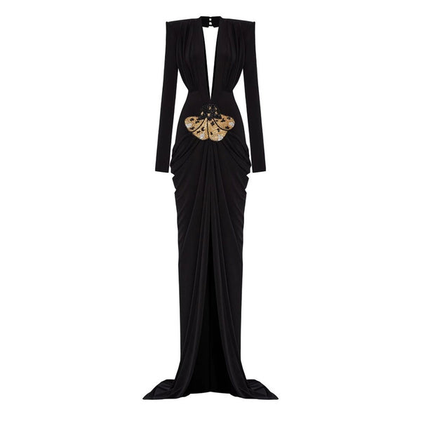 Sexy Deep V Sequin Floral Cutout Draped Ruched Long Train Slit Maxi Dress