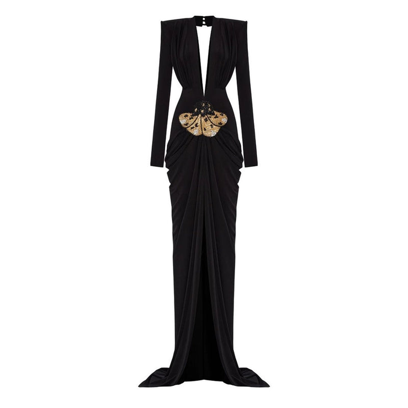 Sexy Deep V Sequin Floral Cutout Draped Ruched Long Train Slit Maxi Dress