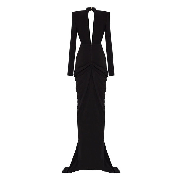 Sexy Deep V Sequin Floral Cutout Draped Ruched Long Train Slit Maxi Dress