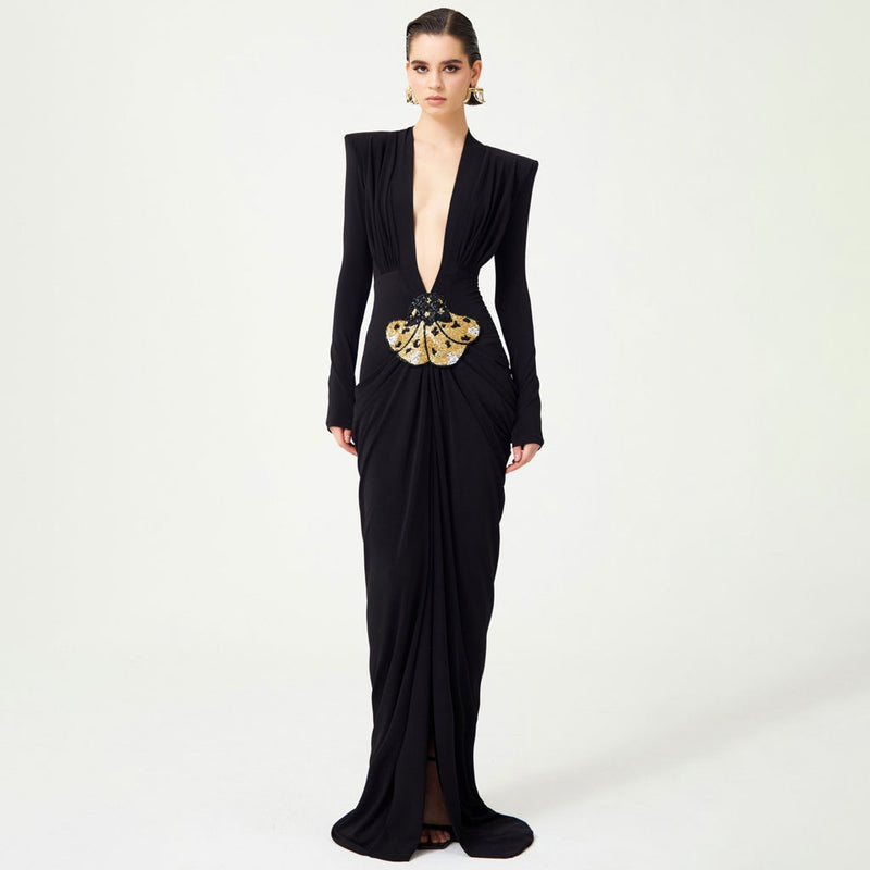 Sexy Deep V Sequin Floral Cutout Draped Ruched Long Train Slit Maxi Dress