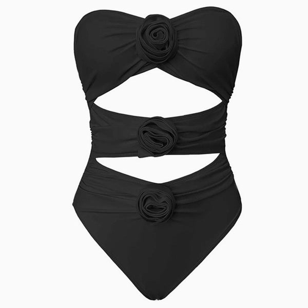 Sexy High Leg Rosette Moderate Ruched Cutout Bandeau One Piece Swimsuit