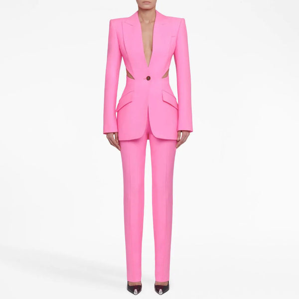 Sexy High Waist Skinny Leg Lapel One Button Split Cutout Tailored Blazer Matching Set