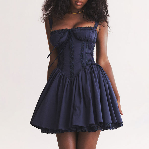 Sexy Lace Bustier Bow Tie Lace Up Back Drop Waist Flared Mini Corset Sundress