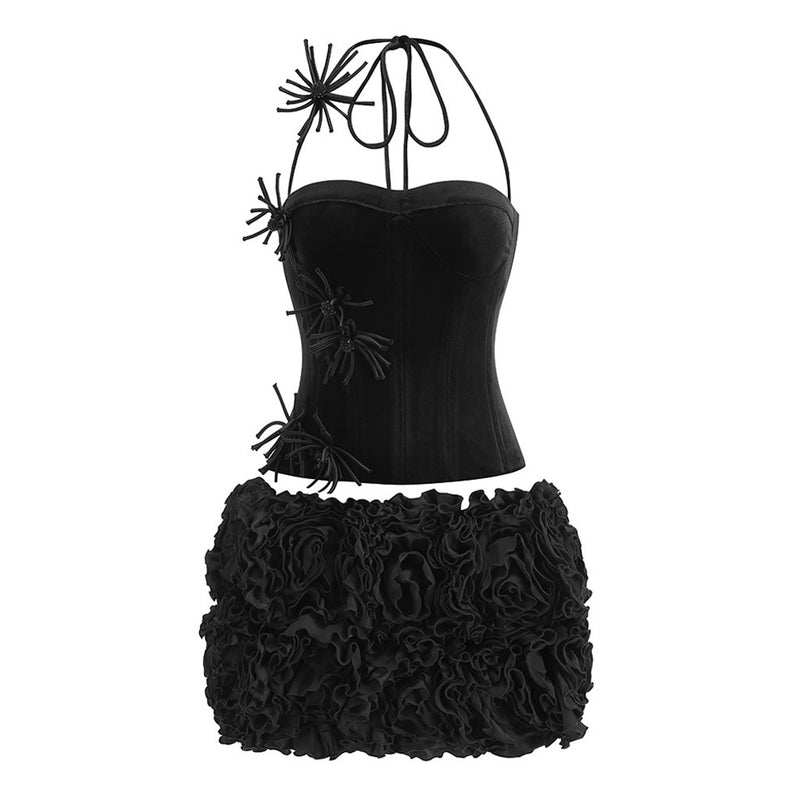 Sexy Lace Up Floral Bustier Corset Top Rosette Micro Miniskirt Matching Set