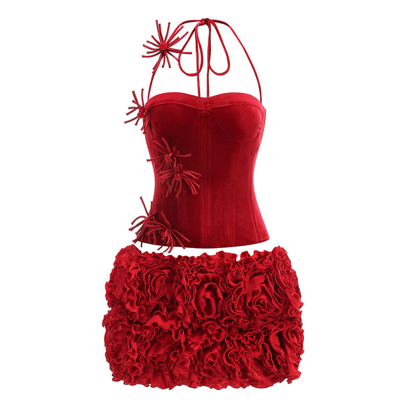 Sexy Lace Up Floral Bustier Corset Top Rosette Micro Miniskirt Matching Set