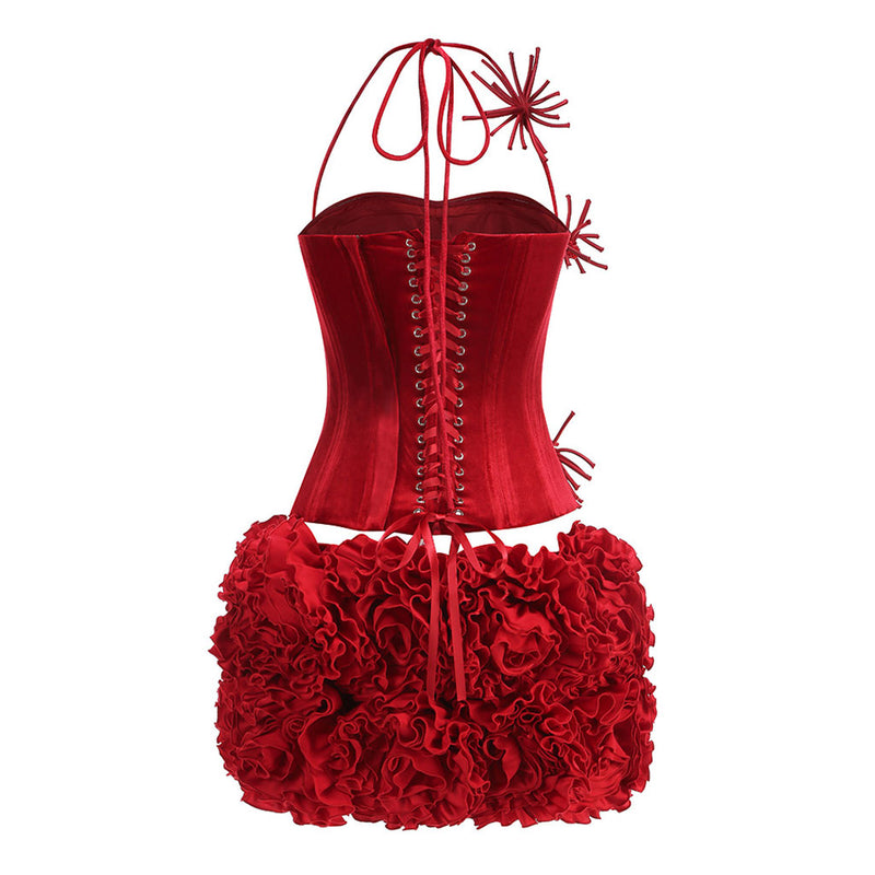 Sexy Lace Up Floral Bustier Corset Top Rosette Micro Miniskirt Matching Set
