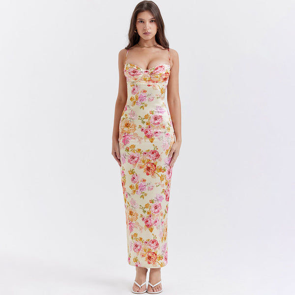 Sexy Lacy Trim Sweetheart Neck Floral Printed Back Split Maxi Satin Slip Dress