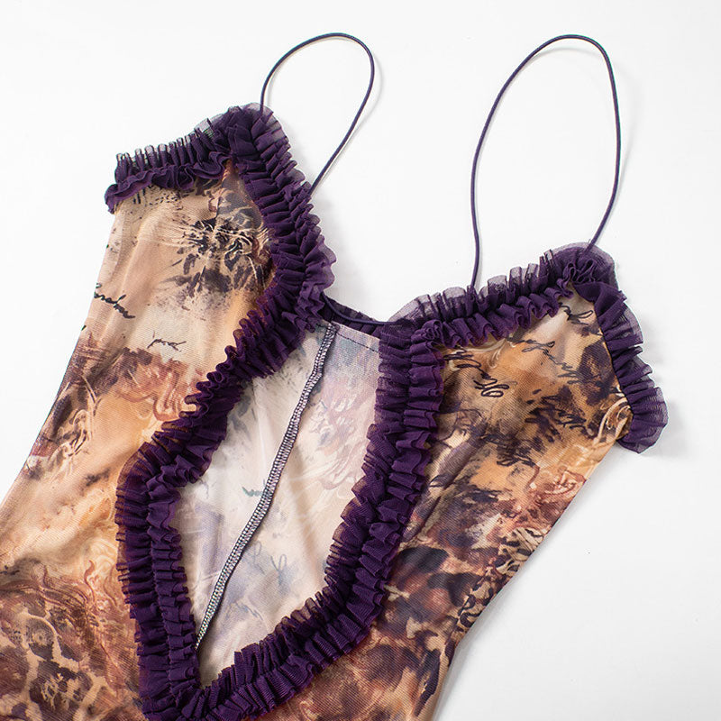 Sexy Leopard Print Bustier Cutout Ruffle Layered High Split Maxi Sheer Dress