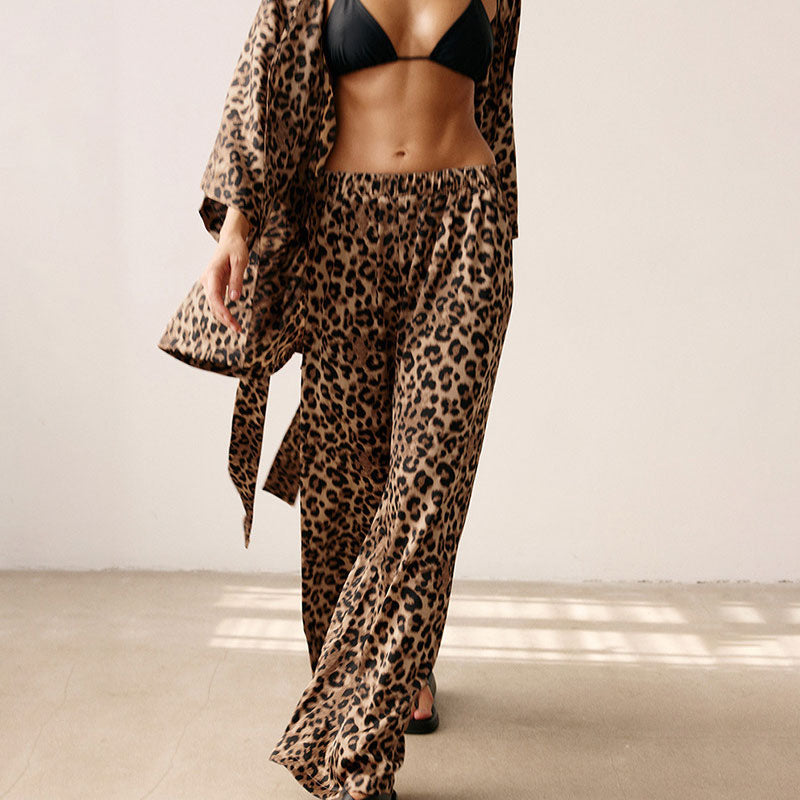 Sexy Leopard Printed Wrap Robe High Waist Wide Leg Pants Lounge Set
