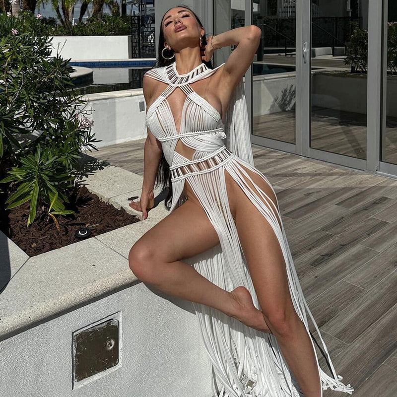 Sexy Metal Detail Macrame Cape High Neck Cut Out Backless Maxi Sheer Fringe Dress