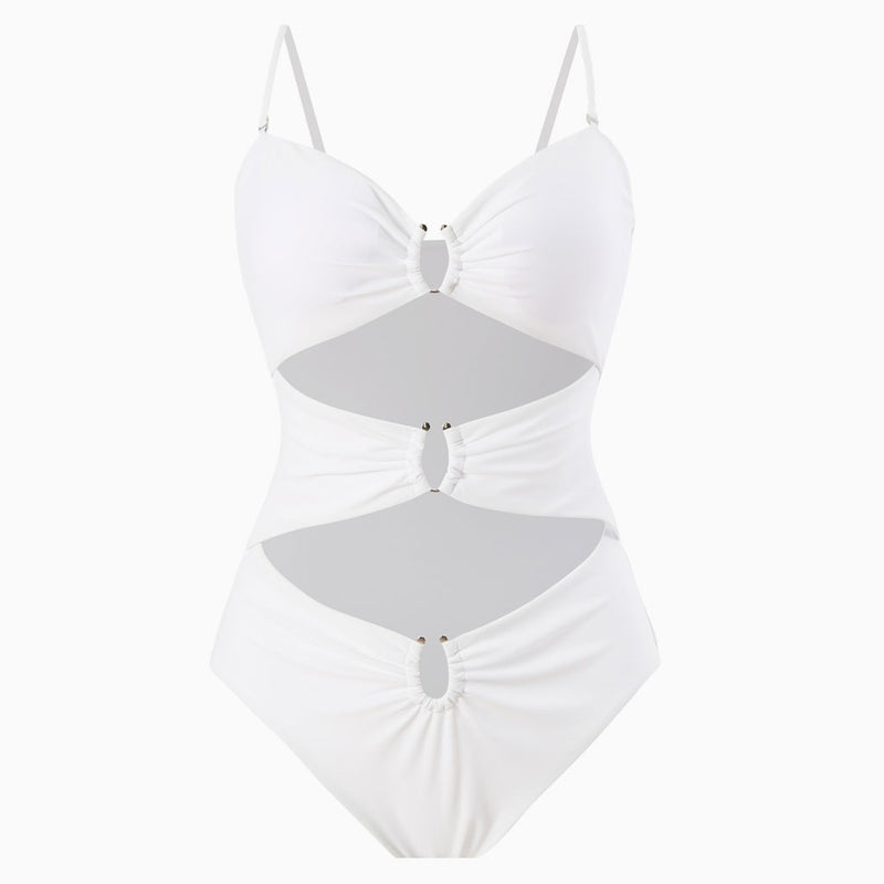Sexy Metallic O Ring Cutout Cheeky Ruched Bandeau One Piece Swimsuit