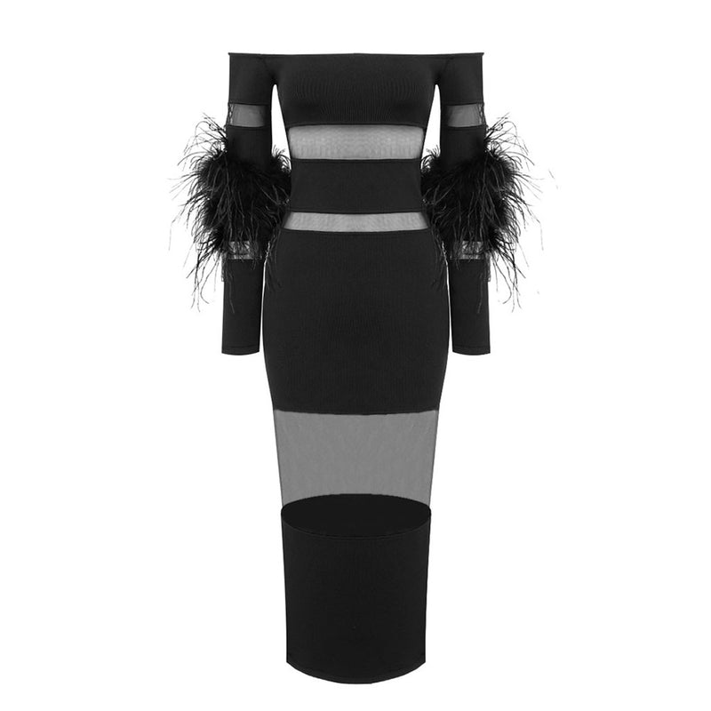 Sexy Off The Shoulder Feather Trim Sleeve Sheer Mesh Bandage Midi Dress