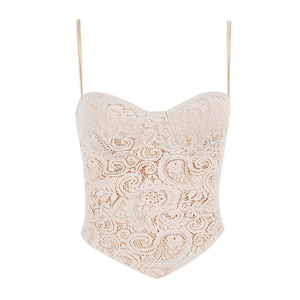 Sexy Paisley Lace Sweetheart Neck Spaghetti Strap Tie Back Crop Top