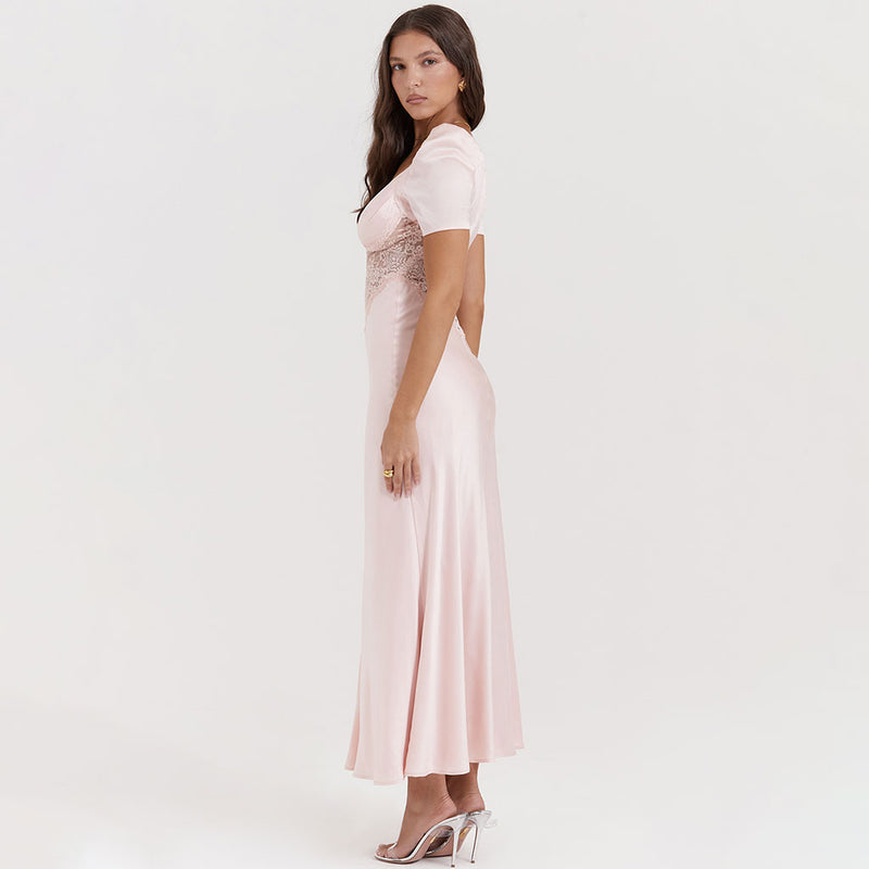 Sexy Pleated Plunge Neck Puff Short Sleeve Silky Satin and Sheer Lace Maxi Fishtail Dress