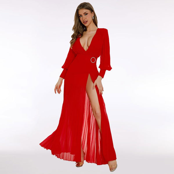 Sexy Plunge Bishop Sleeve Belted High Split Chiffon Pleated Maxi Evening Dress