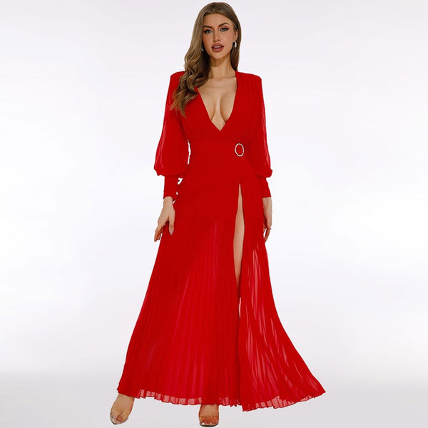 Sexy Plunge Bishop Sleeve Belted High Split Chiffon Pleated Maxi Evening Dress