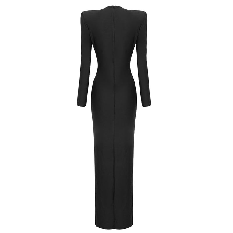 Sexy Plunge Neck Crystal O Ring Padded Long Sleeve Split Maxi Evening Dress