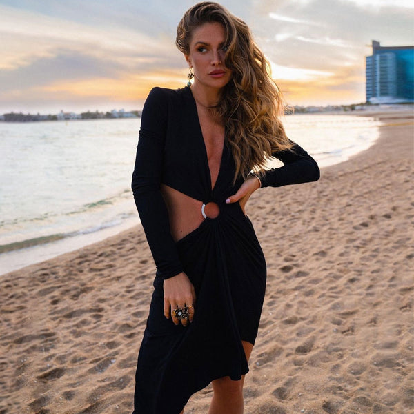 Sexy Plunge Neck Long Sleeve Cutout Ruched O Ring Draped High Low Evening Dress